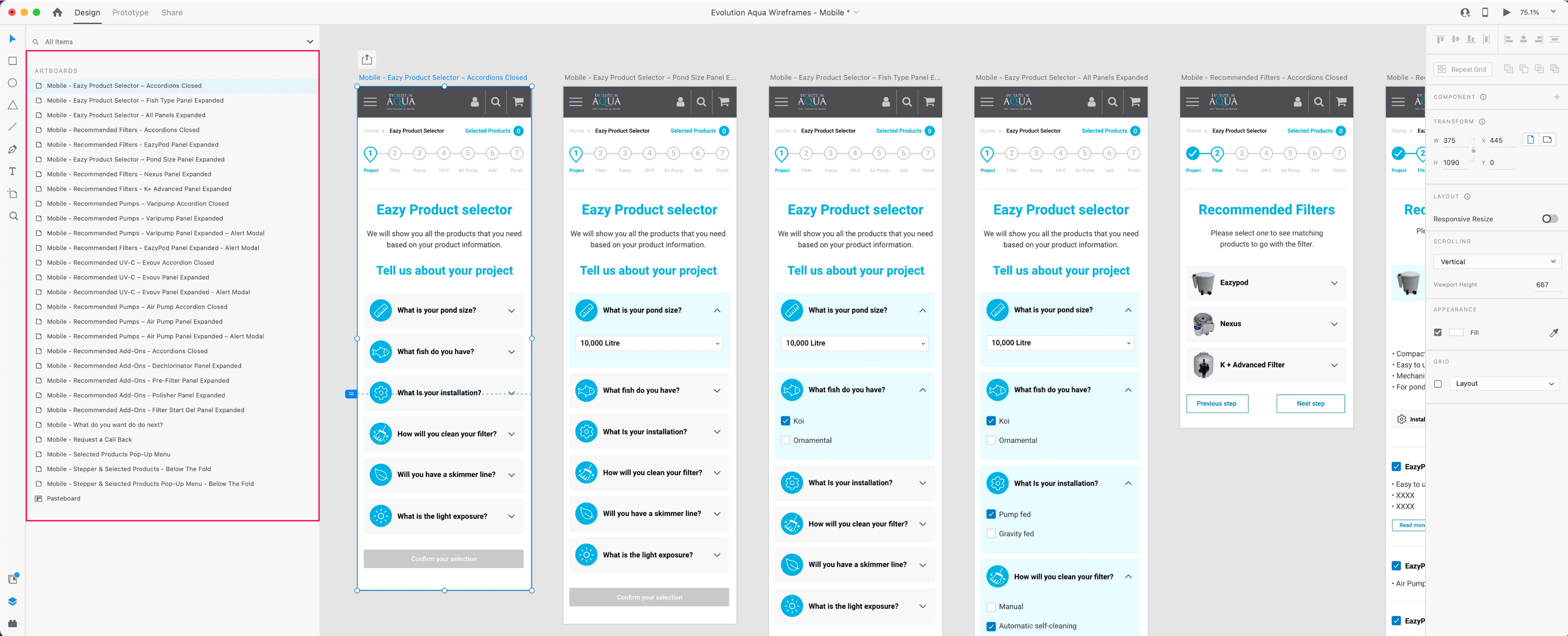 Image showing the organisation of the design system elements in the XD files.