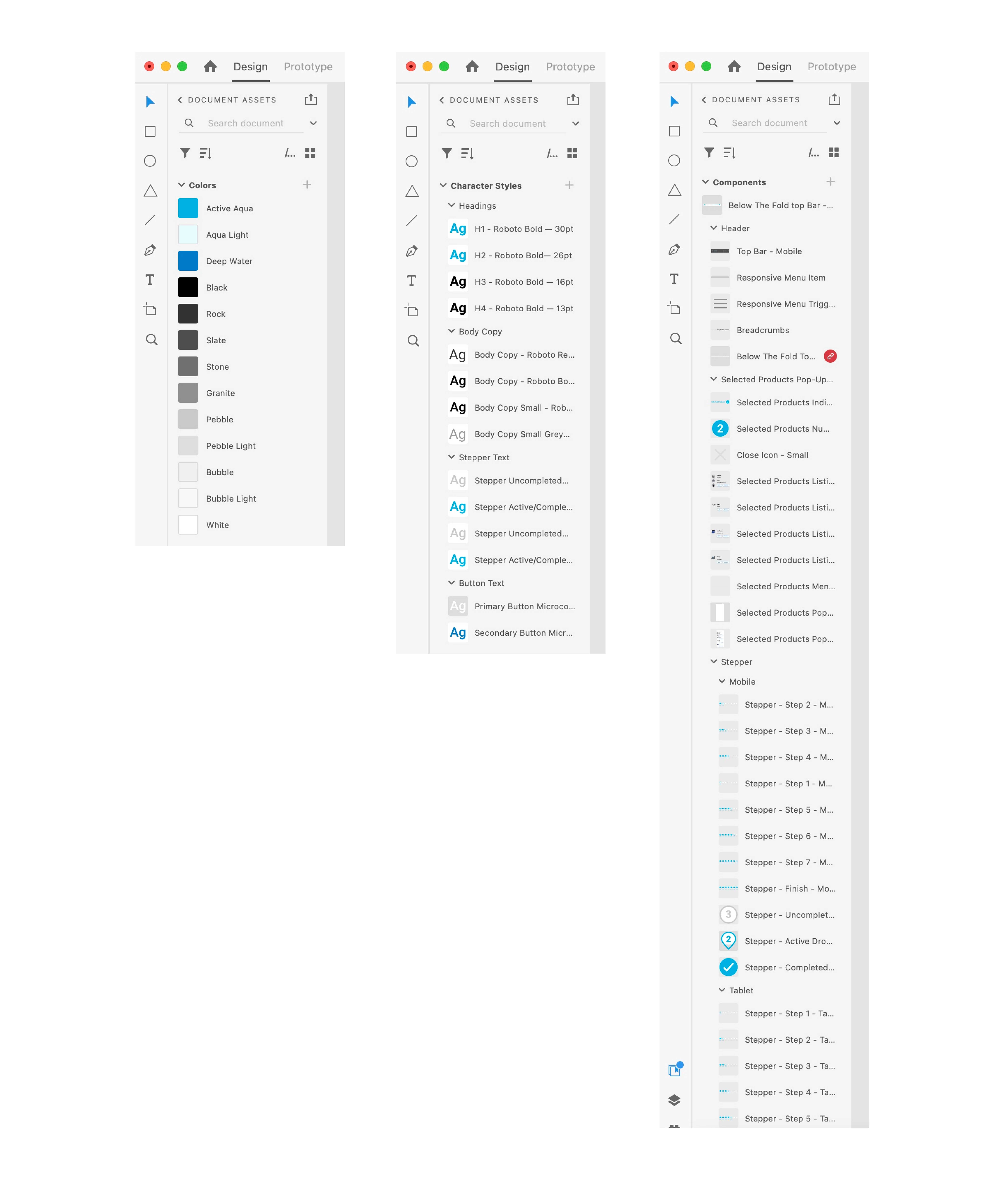 Image showing the organisation of the design system elements in the XD files.
