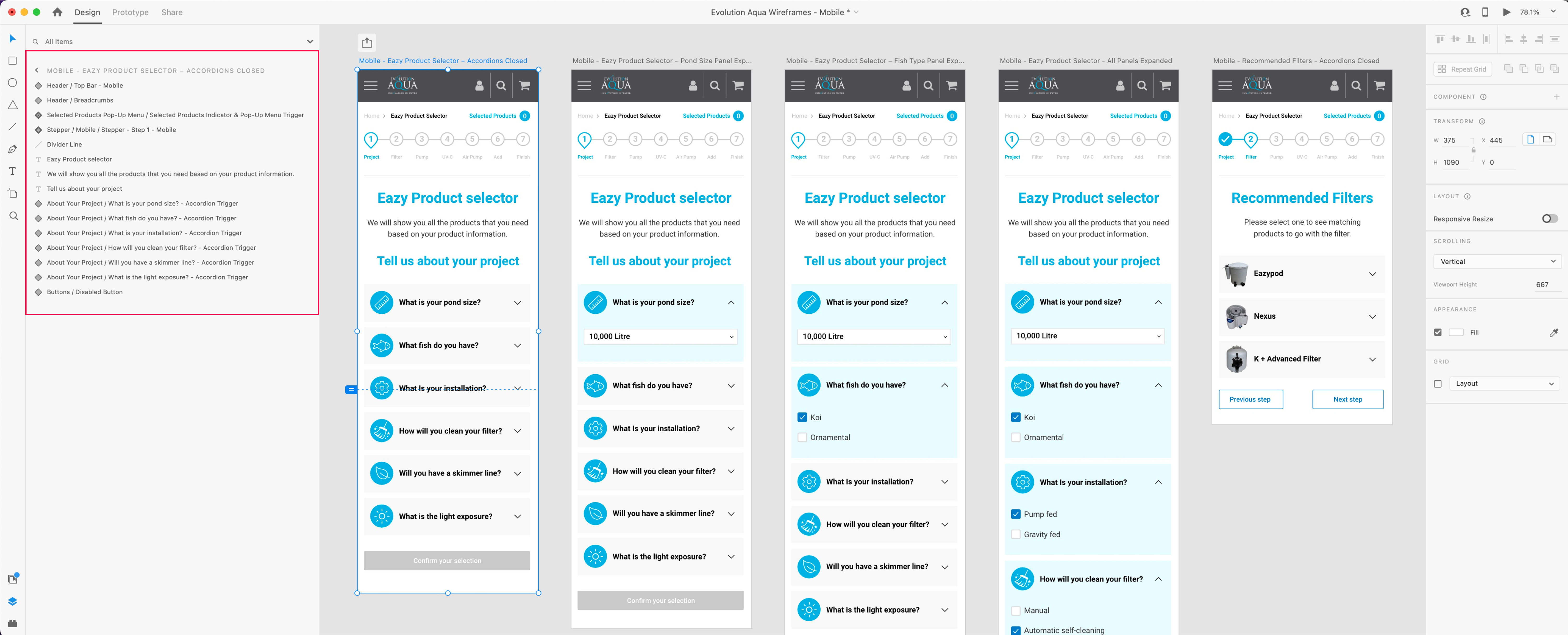 Image showing the organisation of the design system elements in the XD files.