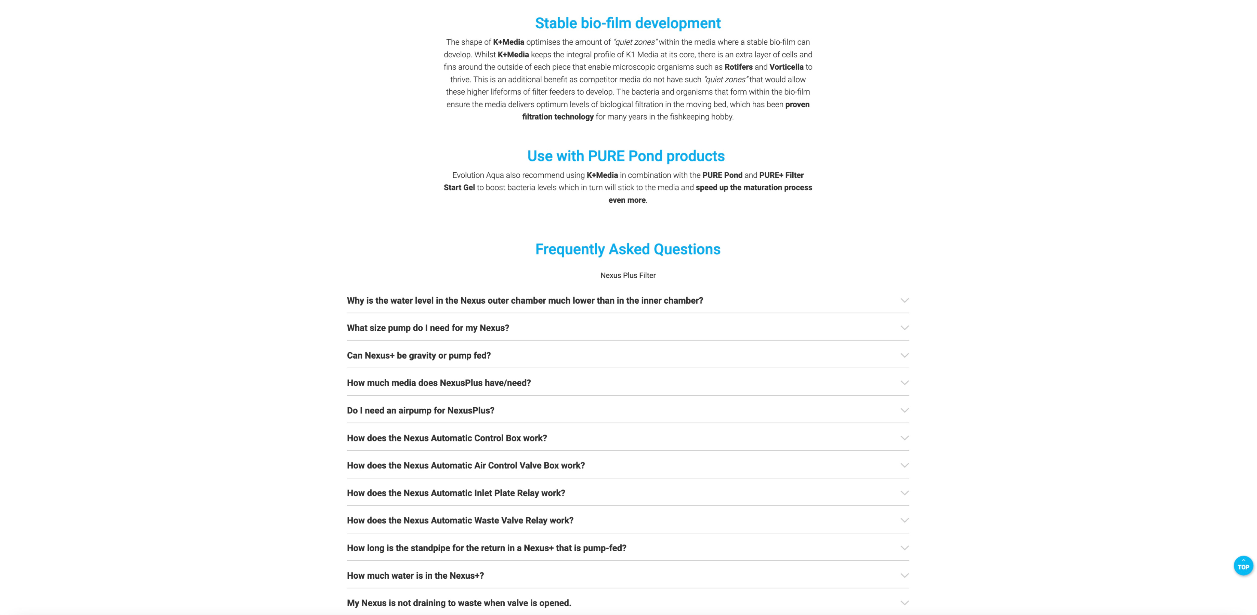 Evolution Aqua website - Nexus page