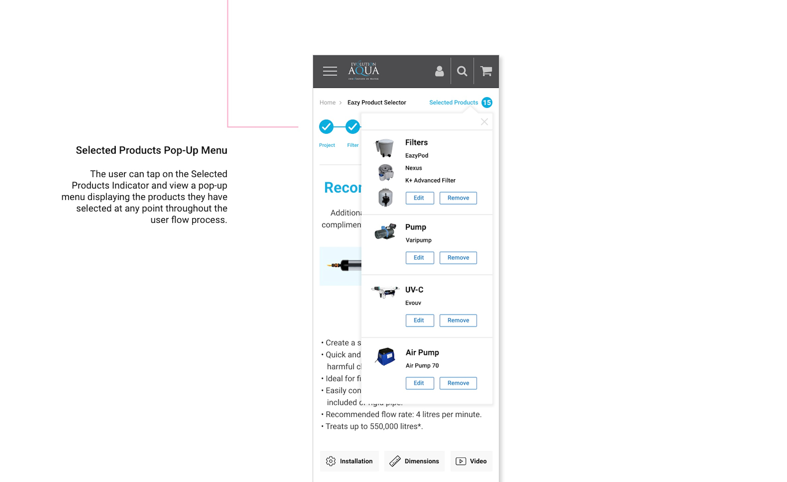 Image showing the Selected Product pop-up menu.