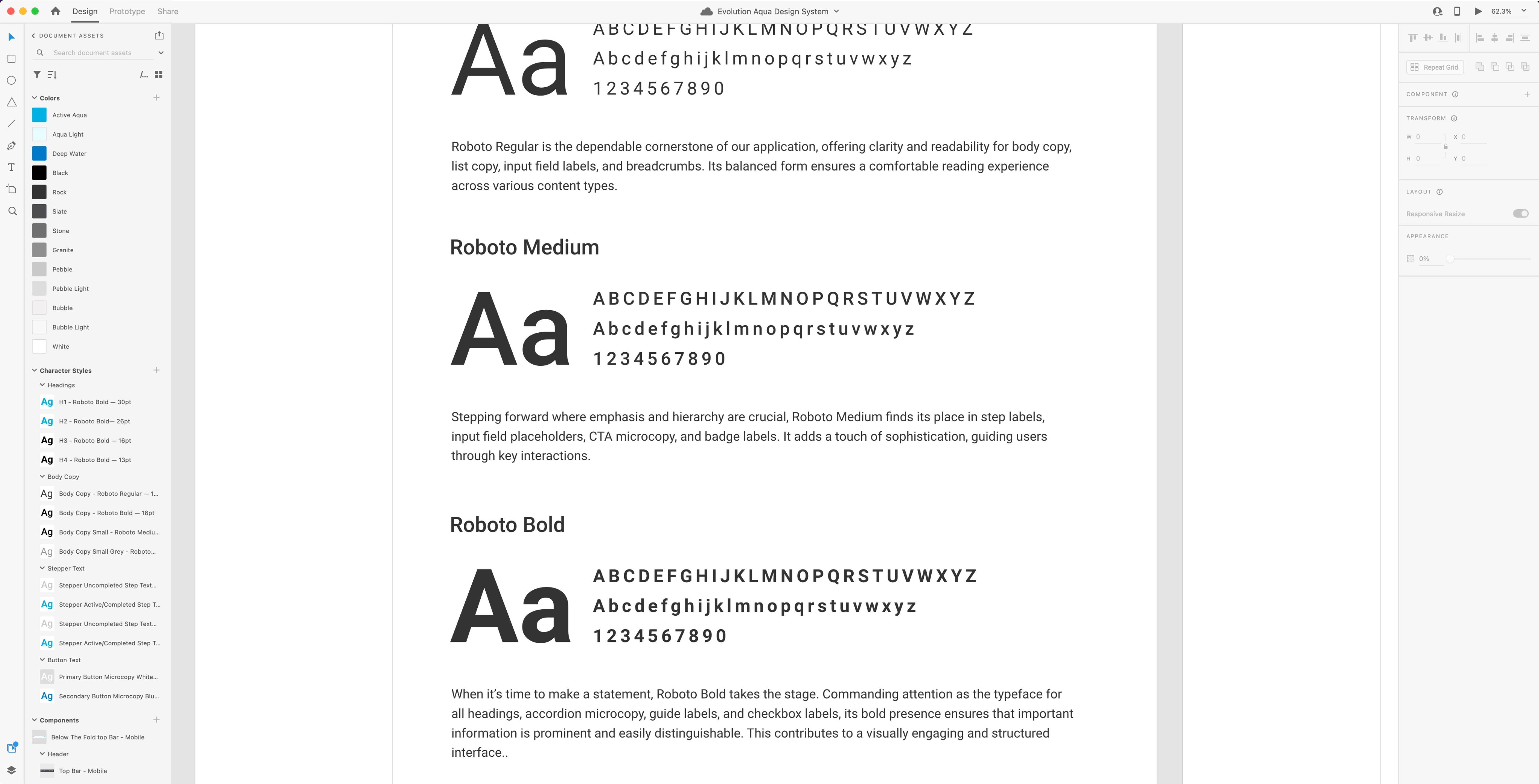 Image showing a page of Typography section of the design system.