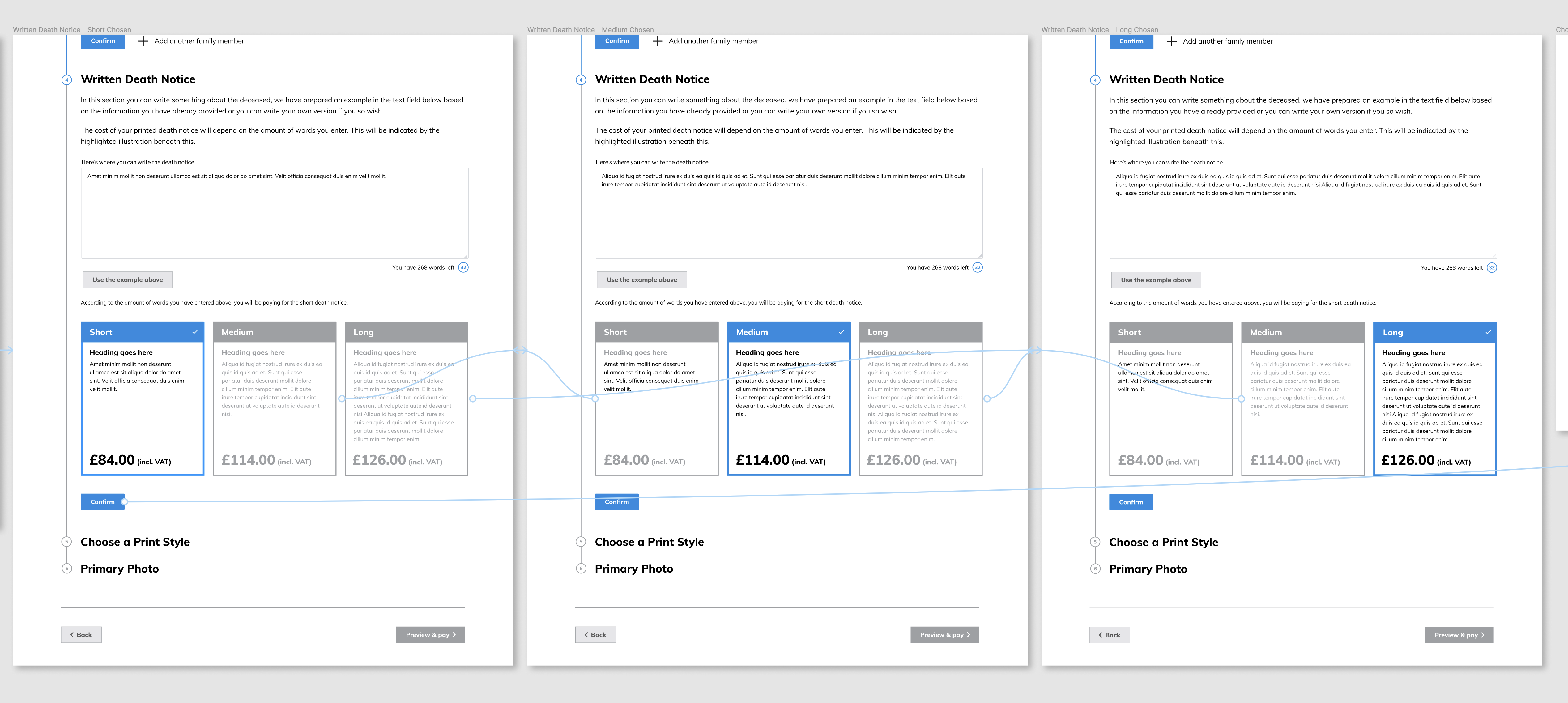 An image of the death notice length options.