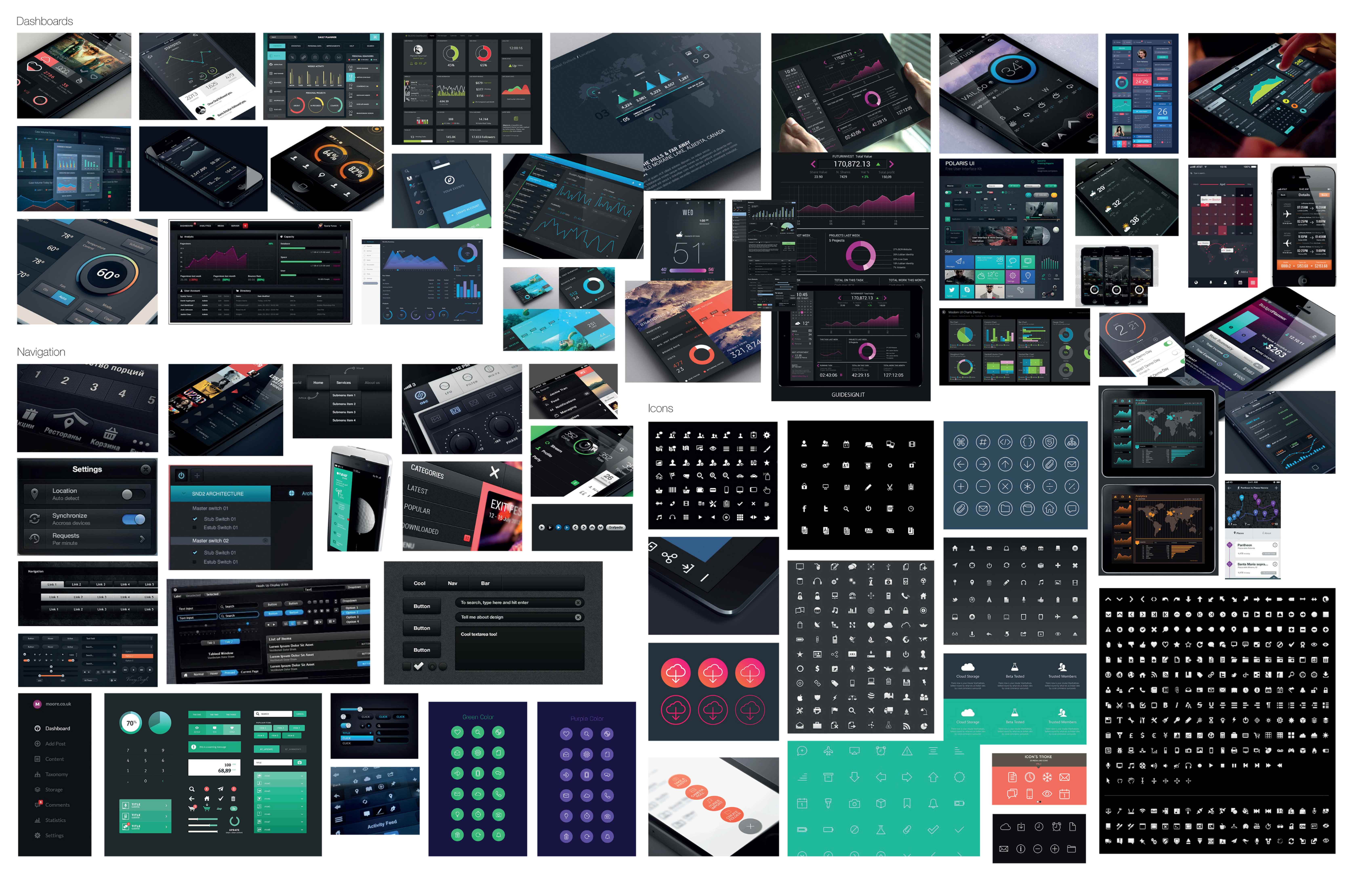 Moodboard containing dark UI design elements